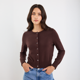 Autograph Cashmere Blend Crewneck Cardigan - Chocolate